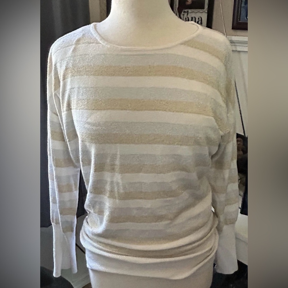 Ladies “black rivet” beige and white striped long sleeve Sweater Size S (48”X27)